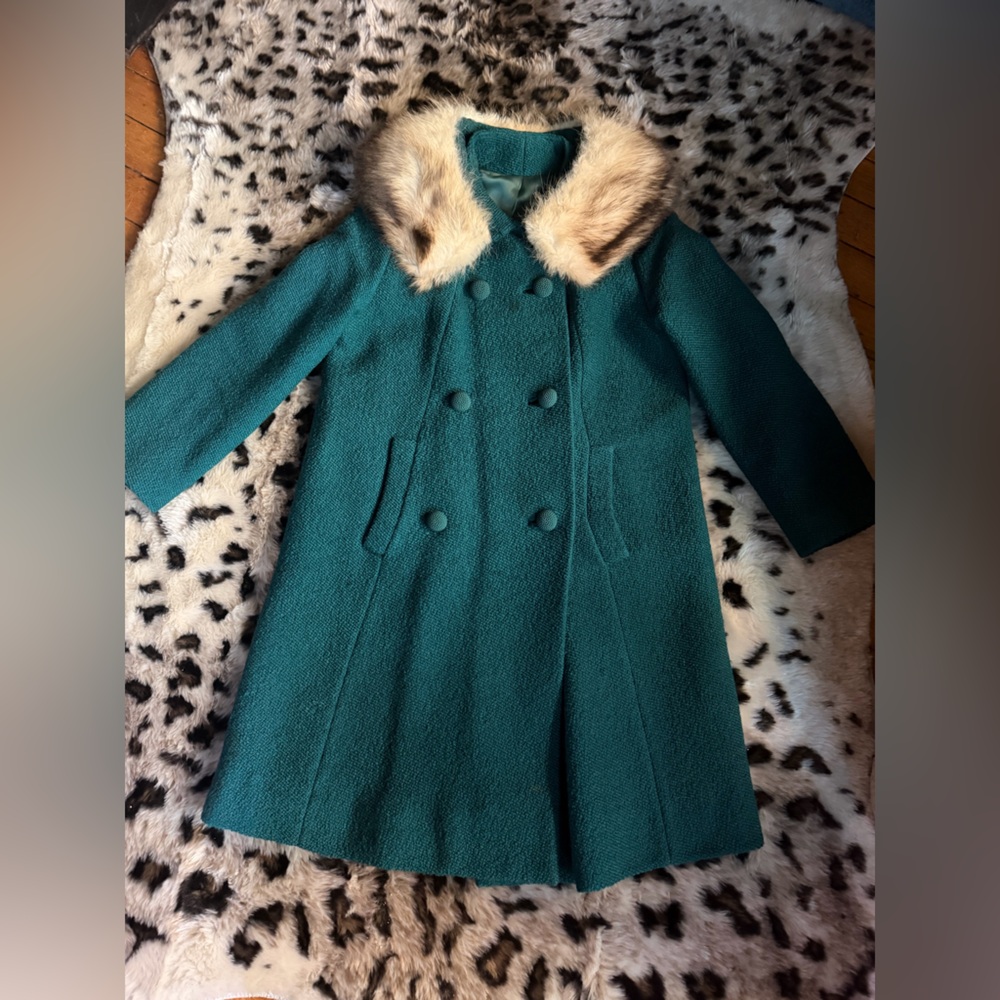 Women's Teal Double-Breasted Wool Coat with Faux Fur Collar